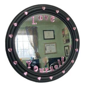 Inspirational LOVE YOURSELF Black Round Mirror Pink  with Small HEARTS 9.5 inch